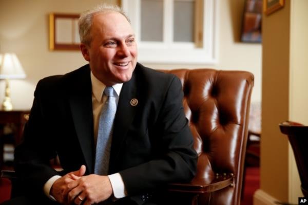 FILE - House Majority Whip Steve Scalise, R-La. speaks during an interview in his offices at the U.S. Capitol Building in Washington, March 24, 2015.